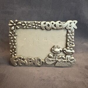 Frogs Friends Forever Picture Frame‎ Metal Glass Front Easel Style Pewter Frame
